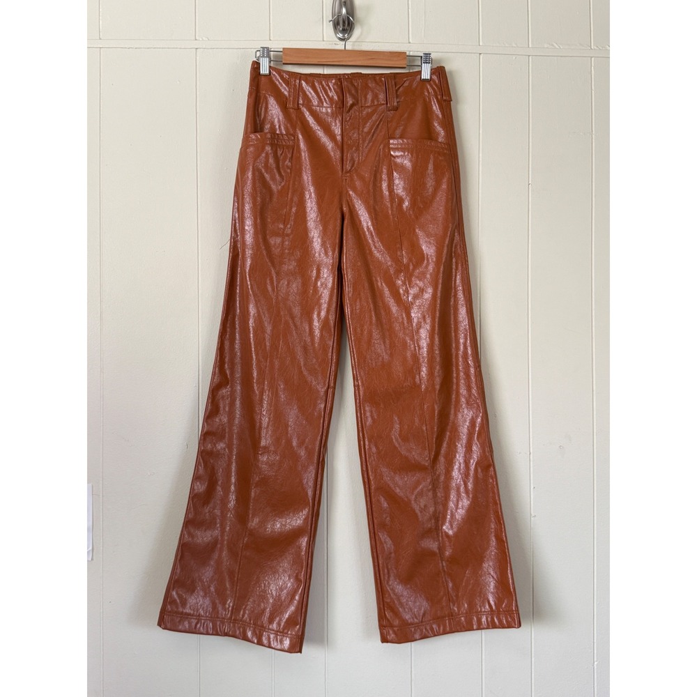 Free People Women Vegan Leather Wide Leg Pants Brown High Rise Flare Size 0 Boho